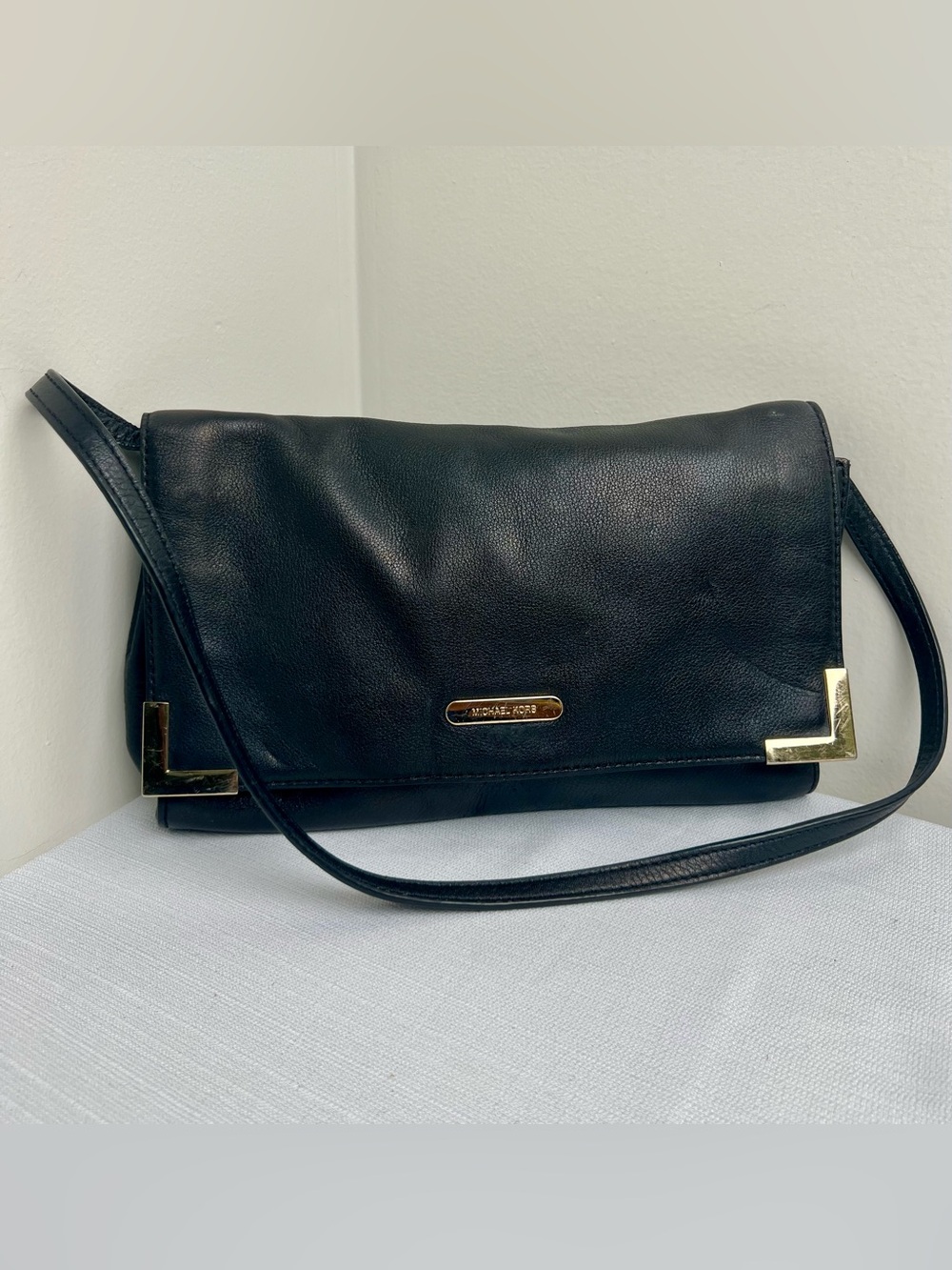 Michael Kors Black Leather Shoulder Bag with Gold Accents